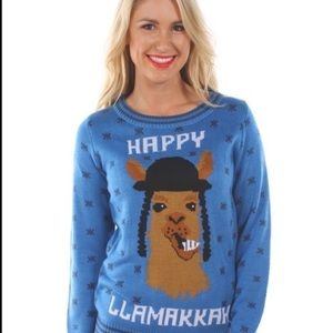 Happy Hanukkah Llama Sweater Ugly Christmas Blue